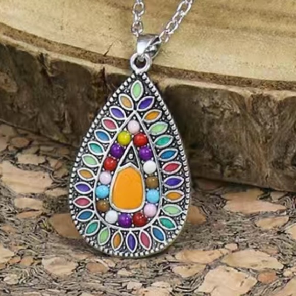 Boho Teardrop Necklace Multicolored Pendant Beaded Silver Native American - Picture 10 of 10